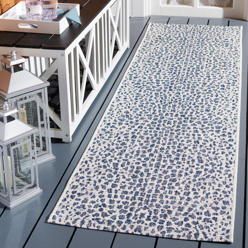 Tapis intérieur / extérieur ivoire / bleu marine Tyron, Tapis de couloir 2 pi 3 po x 8 pi