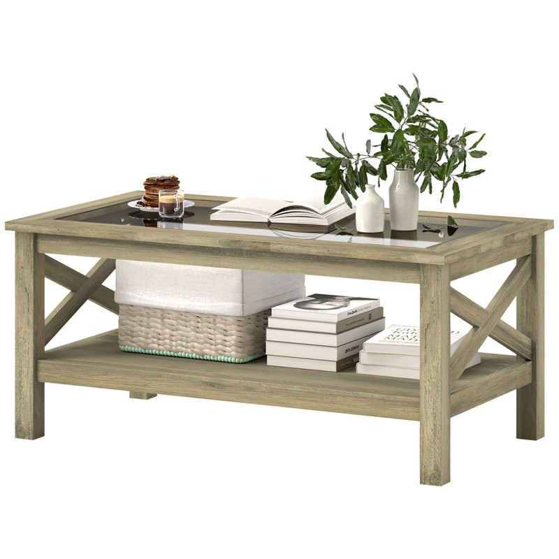 Table basse en verre, table de centre de ferme moderne avec rangement, table d'appoint pour le salon avec côtés de style X-Bar classique, gris