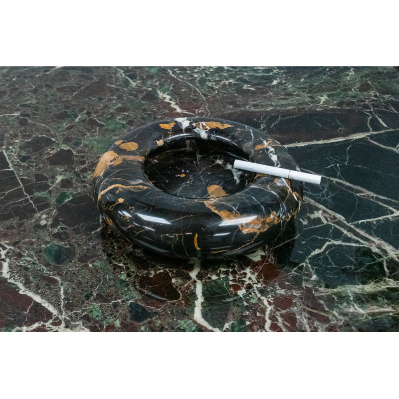 King Gold Marble Ashtray, 8-Inch Luxury Stone Dish, Black with Rich Gold and Copper Veining