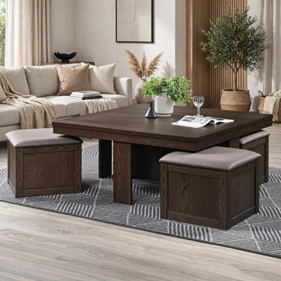 Table basse Pax 5 pièces avec pouf de rangement 4 pièces, siège en polyester gris, bois brun