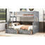 Lit simple gris convertible au-dessus d'un lit double avec tiroirs, configuration superposée, bois de pin et construction stable, garde-corps pour un sommeil sécuritaire, structure facile à installer, travail-2008714618