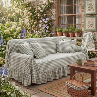 Gingham Couch Cover with Ruffle,118x 71 (Green)