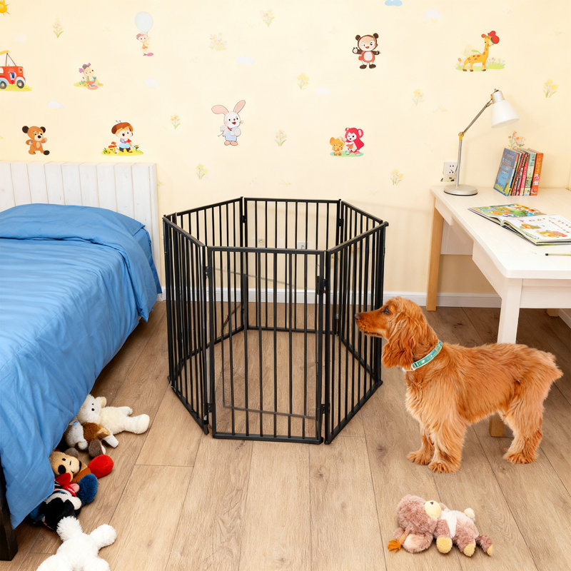 Barrière pour animaux pliante et autoportante, barrière pour chien en bois brun foncé - parfaite pour les portes d'entrée / escaliers, bois de peuplier massif, look moderne et élégant, facile à déplacer et à ranger, aucune installation nécessaire