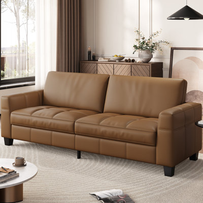 93'' W Faux Leather 3-Seater Sofa, Deep Seat Couch with Spring Cushion, Removable Cover, Sturdy Frame, Easy Assembly for Office, Living Room, Bedroom, and Small Space, Brown