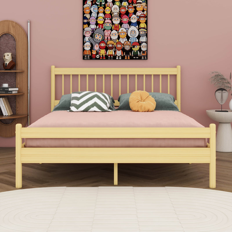 Lit plateforme avec tête et pied de lit, lit en pin avec cadre de lit renforcé, Naturel