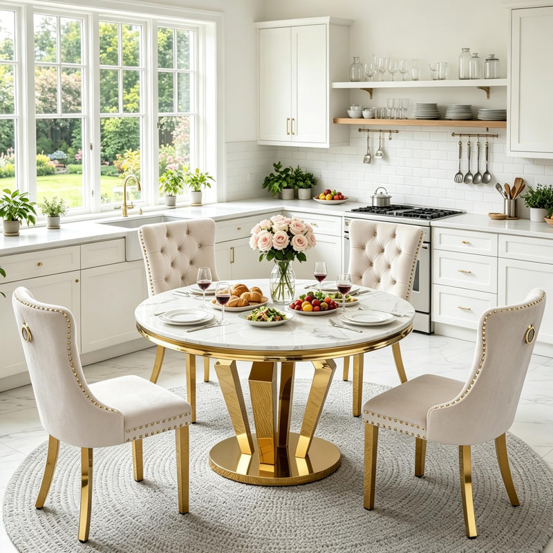 Ensemble de salle à manger ronde de luxe pour 4 personnes, table de cuisine 5 pièces en faux marbre et chaises rembourrées en velours, piètement en diamant doré