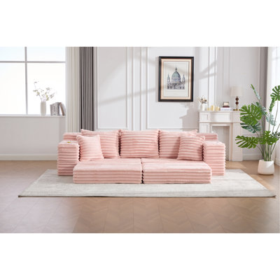 Très grand canapé sans siège à quatre places avec porte-gobelet et poches latérales, canapé-lit rembourré en velours côtelé avec 3 coussins, 2 coussins lombaires, salon, chambre à coucher, sans assemblage, matériau respirant