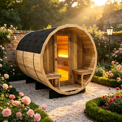 Outdoor Knotty Red Cedar Barrel Sauna with Large Curved Acrylic Viewing Window, Waterproof Asphalt Shingle Roof Built-in Warm LED Light, 4-6 Person Backyard Barrel Sauna Cabin, Patio Garden Home Spa Sauna Room