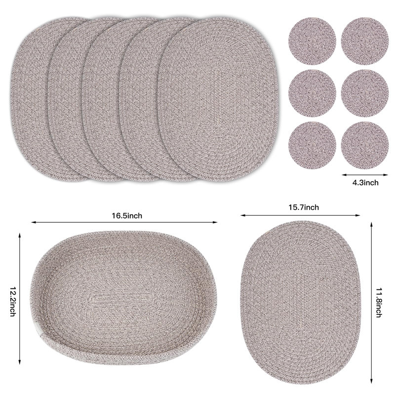 Cotton Blend Oval Placemat And Coaster Set, Mix Brown