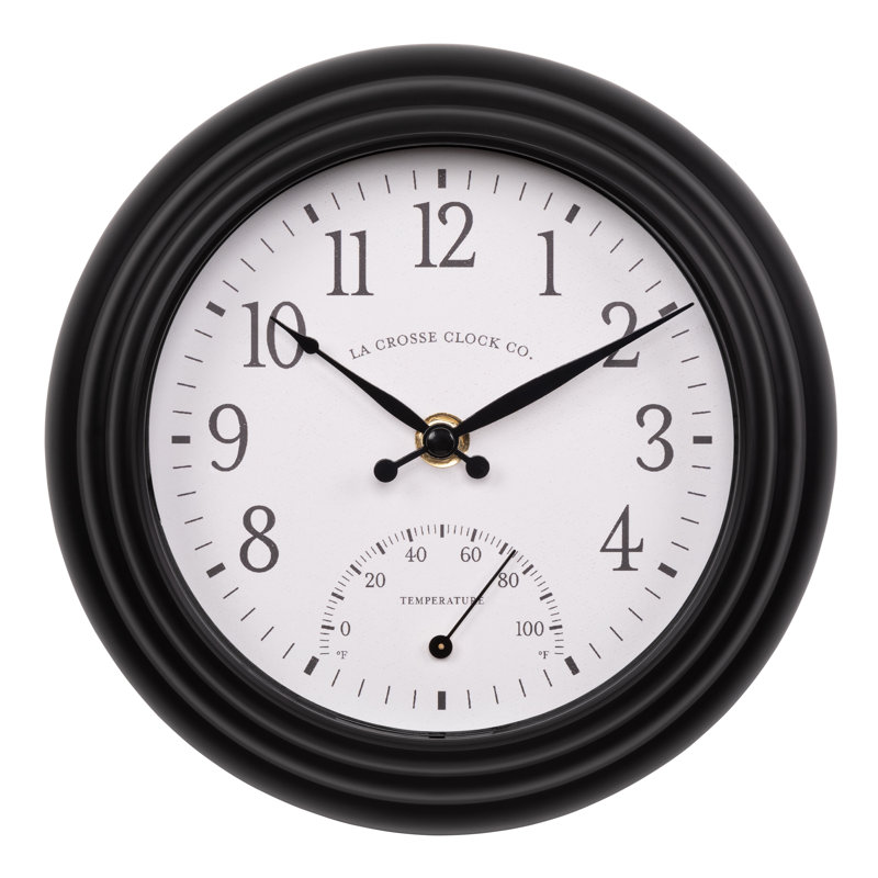 La Crosse Clock 8 in. Colby Indoor/Outdoor Analogue Quartz Wall Clock with Temperature