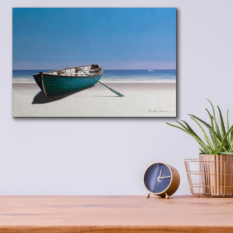 «Blue Boat» par Zhen-Huan Lu, art mural en verre acrylique, H 12 po x l 16 po x P 0,13 po