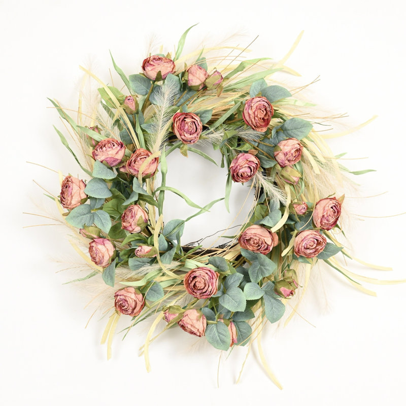 24 po Boho artificiel automne récolte herbe de la pampa verdure feuilles roses porte d'entrée florale décor de l'Action de grâce