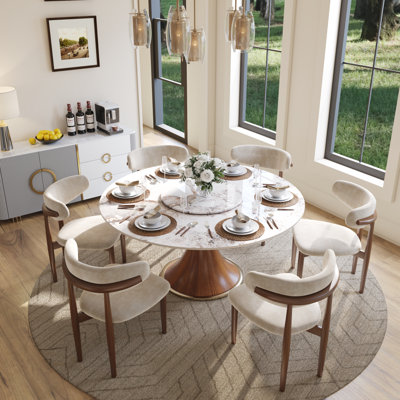  Farmhouse Glossy Sintered Stone Round Dining Table With Lazy Susan For 6-8 with Wood Pedestal Base