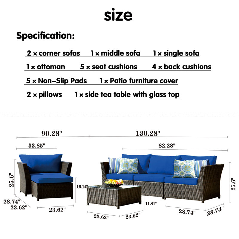 Ensemble de conversation en osier / rotin pour 4 personnes avec coussins, Bleu marine