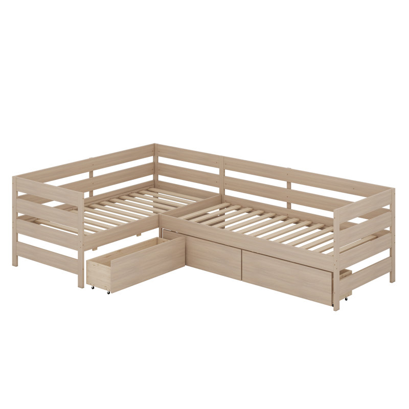 Lit plateforme en L avec trois tiroirs de rangement, Naturel