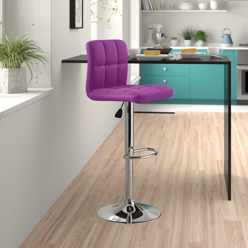 Ahlijah Contemporary Quilted Vinyl Adjustable Height Barstool with Chrome Base, Purple
