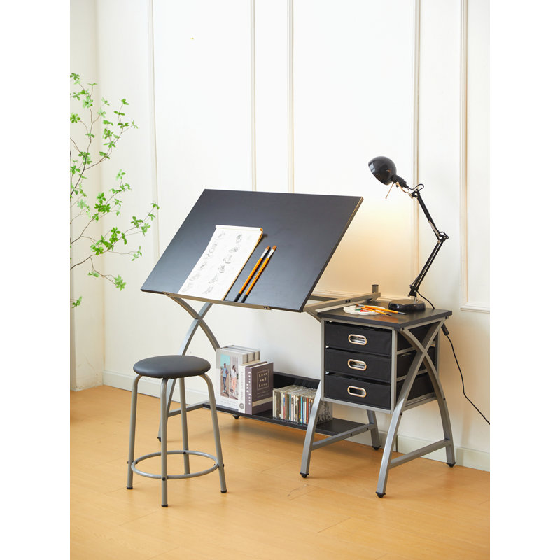 Table à dessin avec tabouret, Gris argenté