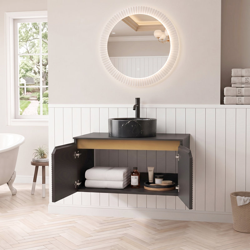 Meuble-lavabo mural 30 po en contreplaqué avec lavabo en céramique, portes doubles en sergé et armoire de rangement noir, 30"