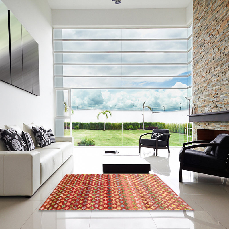 Tapis rouge à motif géométrique, Carré 5 pi