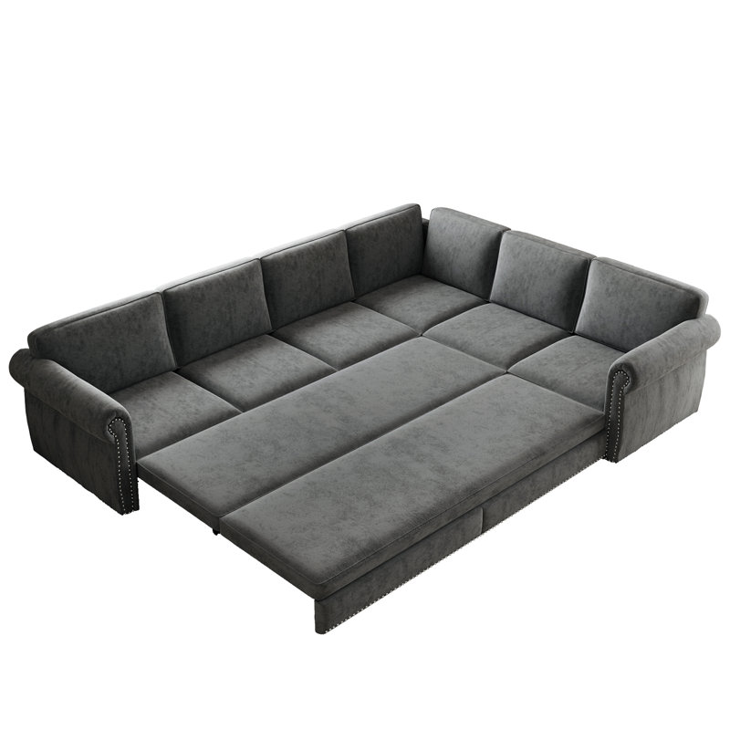 118" L-Shaped Sofa Couch With Pull-Out Bed,Oversize Convertible Sleeper Sofa With Nailhead Trim & Rolled Arm,Chenille Upholstered Sectional Couches, For Living Room, Apartment, Office,Light Grey