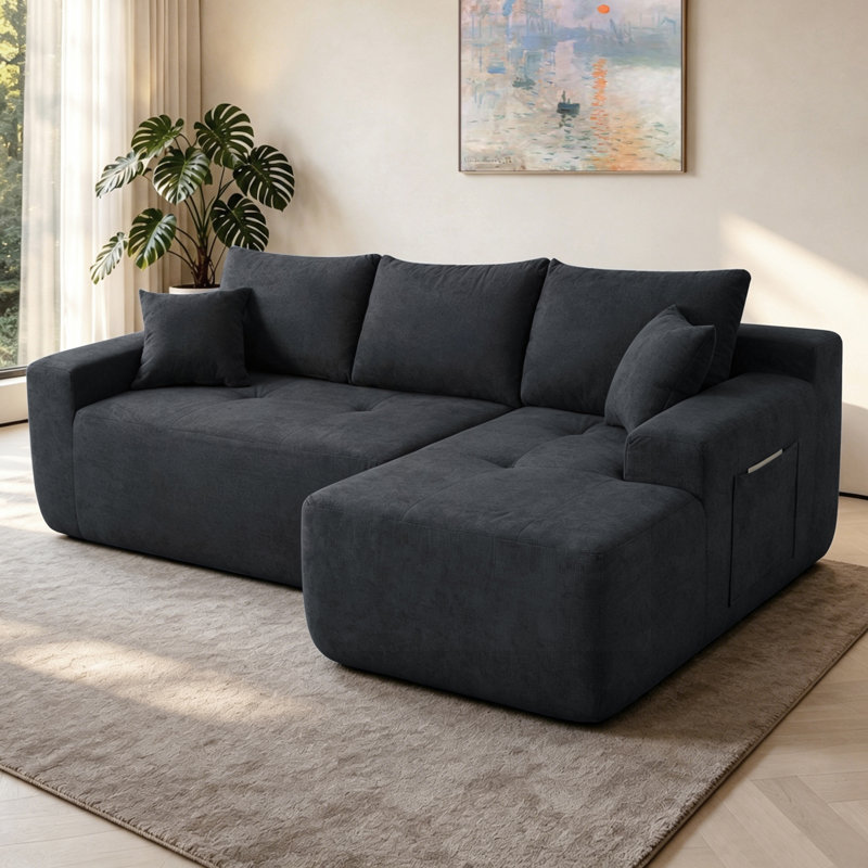 Canapé modulaire 85 po en forme de L avec tissu en lin de coton et sans assemblage, Gris