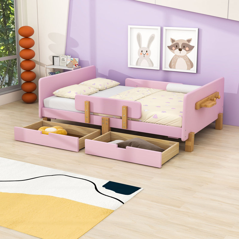 Lit plateforme en bois avec tiroirs de rangement intégrés et dispositifs de sécurité, Full, Rose