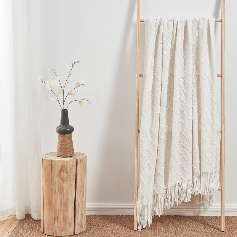 Knitted Blanket with Tassel Trim, Off White