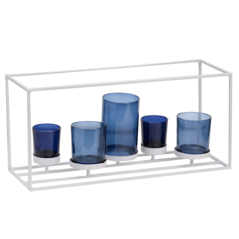 Porte-bougie 5 pots Mev, verre bleu, cadre en fer blanc moderne 17 pouces