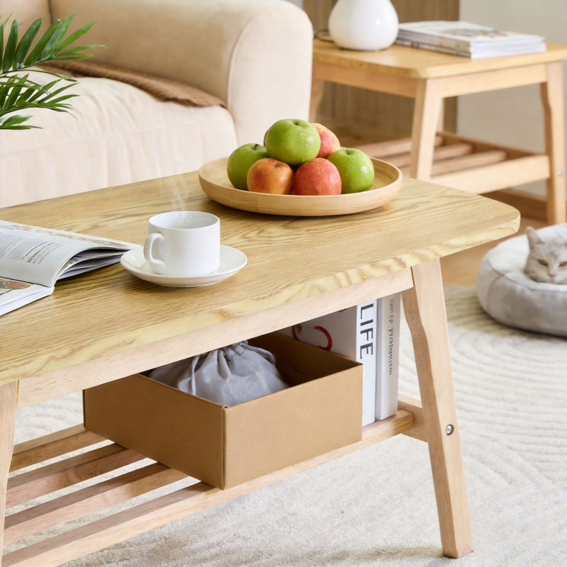 Table basse en bois massif à 2 niveaux avec tablette de rangement, table de salle à manger rectangulaire