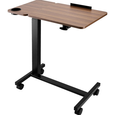 Table de chevet mobile avec porte-gobelet, 4 roues, hauteur et angle réglables, plateau rabattable, idéale pour le télétravail, en acier noir.