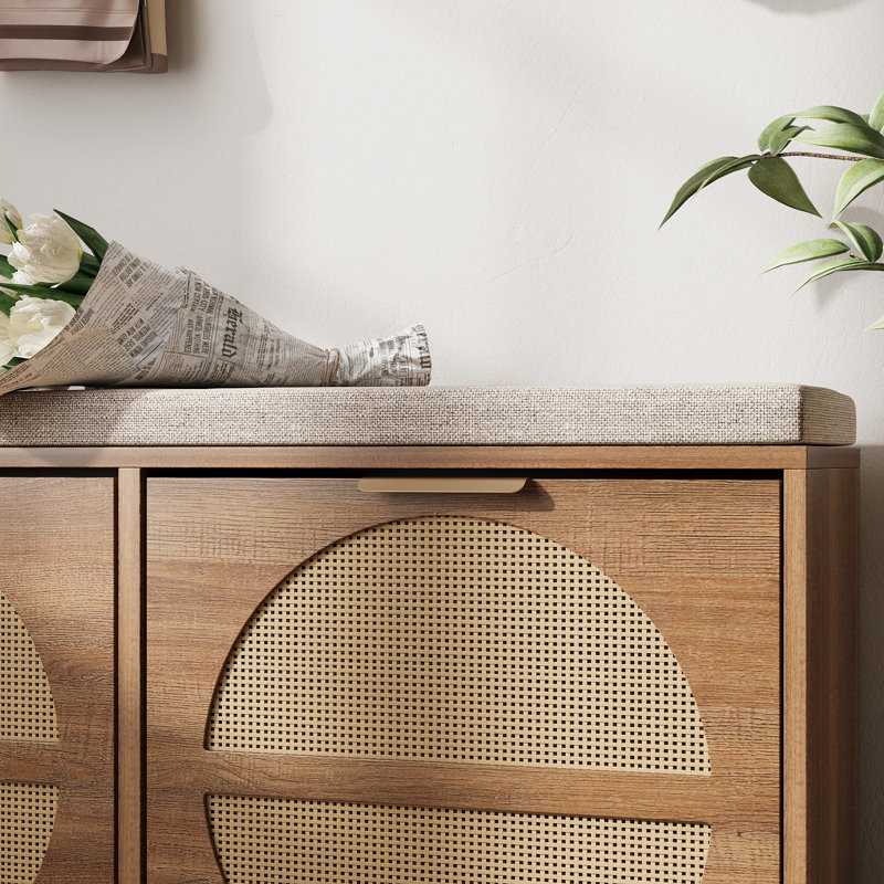 Rattan Entryway Bench With Seat Cushion & Coat Rack