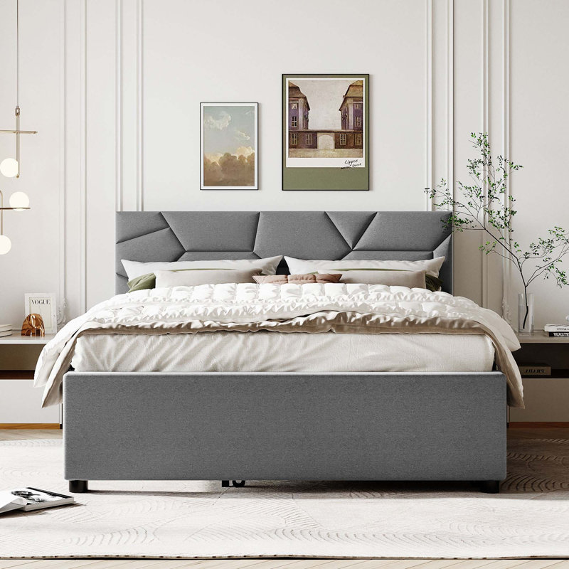 Lit plateforme tapissier avec lit gigogne, Gris, Grand