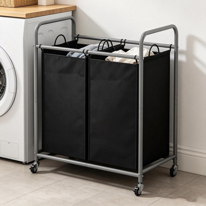 Rectangular Laundry Basket 2 Bag Laundry Hamper Sorter Cart with Rolling Lockable Wheels