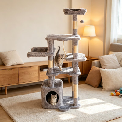 Arbre à chat à plusieurs niveaux avec condo, hamac, poteaux à griffer en sisal et perchoirs moelleux