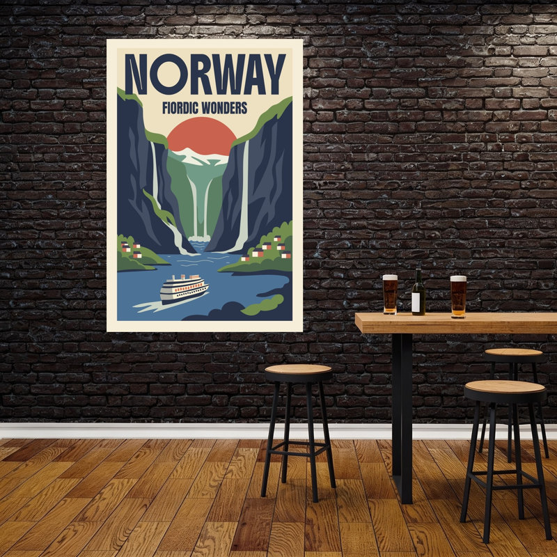 Scenic Fjord Cruise Dramatic Retro Tranquil Landscape Mountain Wall Art Print 1 Piece Wrapped Canvas Wall Art