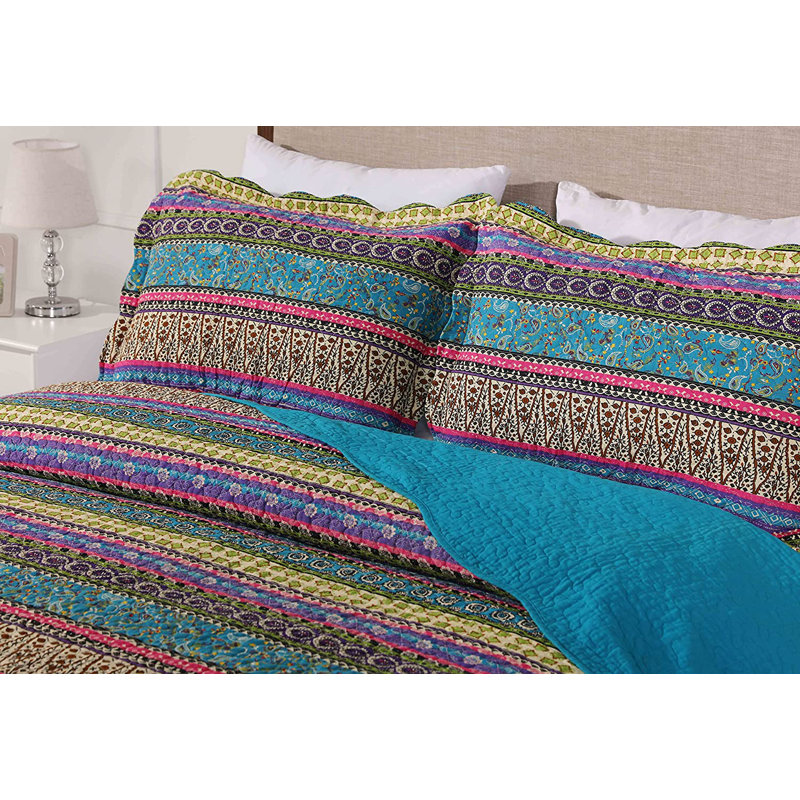 Boho Chic Blue Cotton Queen Reversible Quilt Set