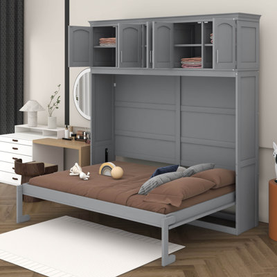 Lit escamotable double, lit escamotable pliant peu encombrant avec armoires supérieures, lit escamotable en bois, lit escamotable horizontal