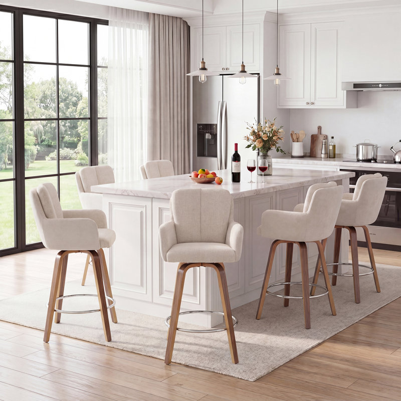 Swivel Upholstered Bar Stool with Solid Wood Frame, White