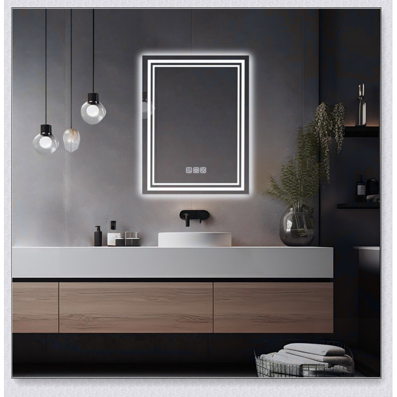 Miroir de salle de bain à DEL 36 po x 28 po à l'avant et à l'arrière, désembuage 5 minutes, miroir de meuble-lavabo mural 5 mm à réflexion intégrale HD, 3 couleurs à intensité variable, CRI90 +, fonction de mémoire (à brancher / câblé)