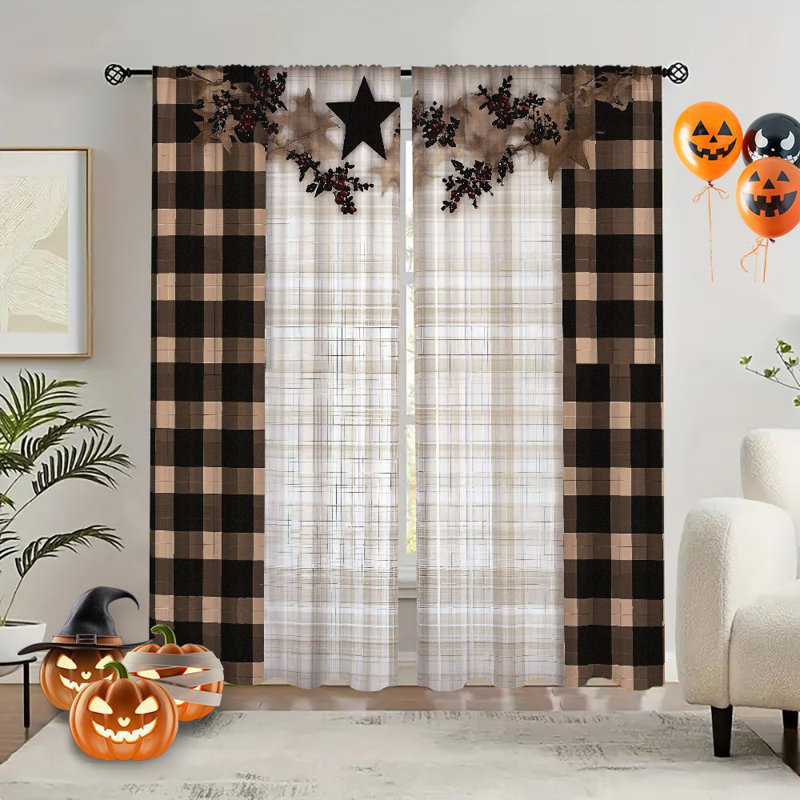 2Pcs Buffalo Check Plaid Curtains with Star Berry Decoration - Rustic Country Farmhouse Style Rod Pocket Window Panels Light Filtering Living Room Bedroom Kitchen