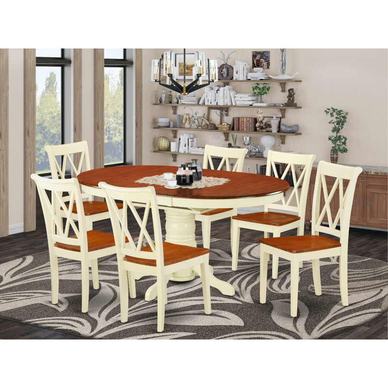 Ensemble de table de salle à manger 7 pièces composé d'une table ovale en bois avec rallonge papillon et 6 chaises de cuisine, babeurre et cerise