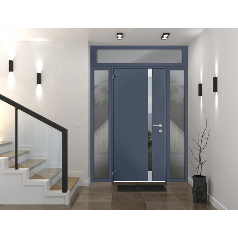Porte d'entrée extérieure prémontée en acier Cynex 6777 grise, avec 2 fenêtres latérales et supérieures, inserts en acier inoxydable, style moderne, peinte, dimensions : L 14 + 36 + 14 x H 80 + 16, ouverture à droite vers l'extérieur.
