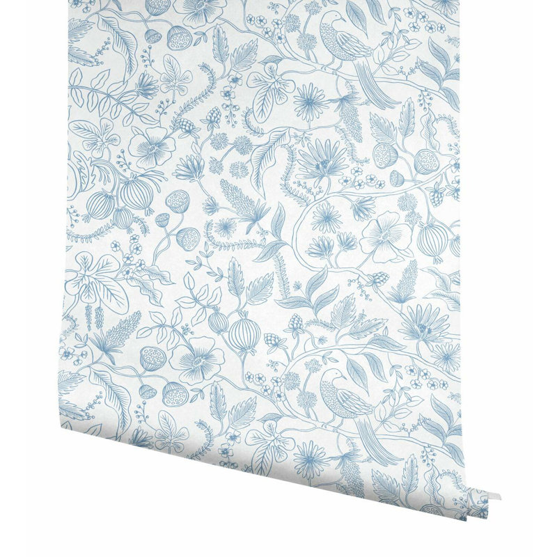 Aviary 20' L x 27" W Peel and Stick Wallpaper Roll, Blue/Cream