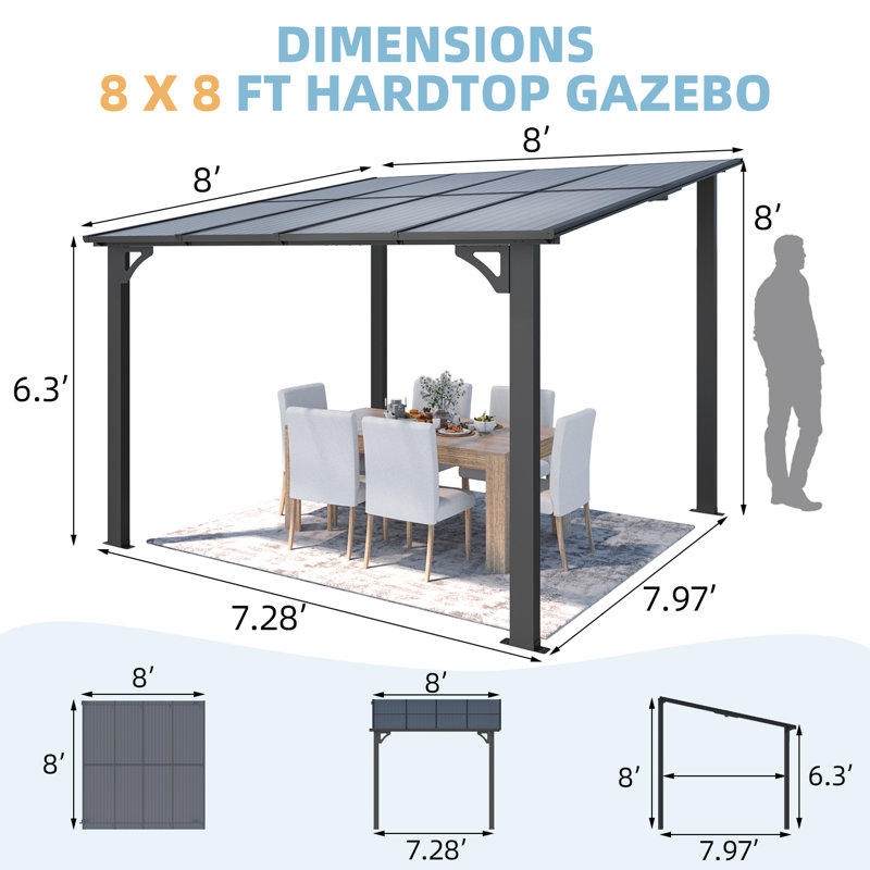 Pergola en aluminium avec auvent, 8 pi x 8 pi, Noir