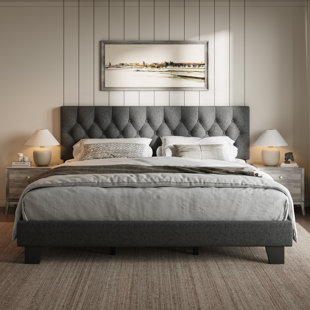 King Upholstered Bed Frame with Headboard, Button Tufted Linen Bed Base, Platform Bed with Wood Slat, Heavy Duty, Easy Assembly, No Box Spring Needed,Dark Grey