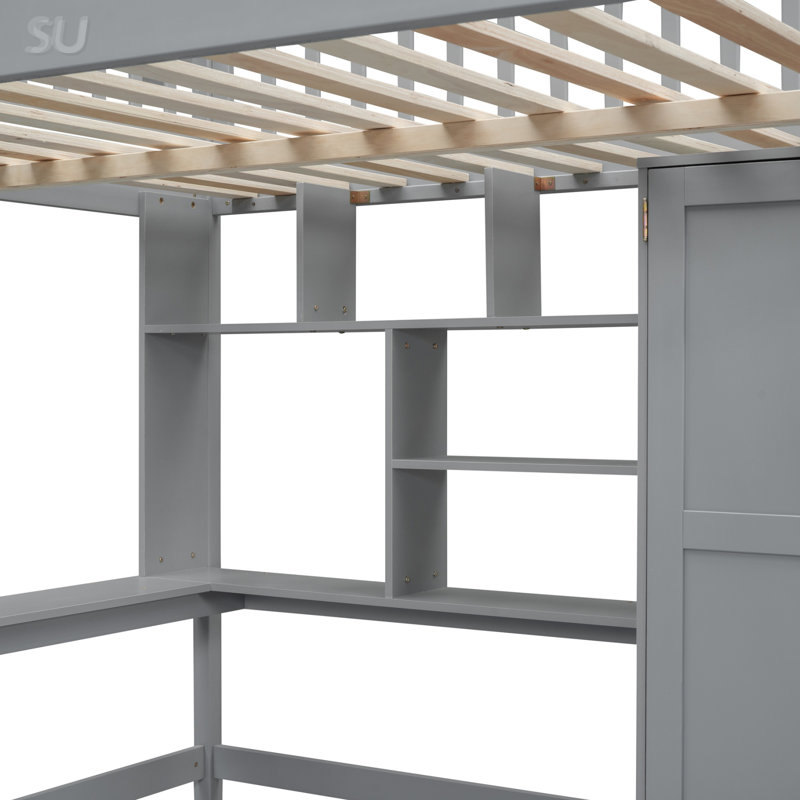 Lit mezzanine double avec bibliothèque, tiroirs, bureau et garde-robe, Gris