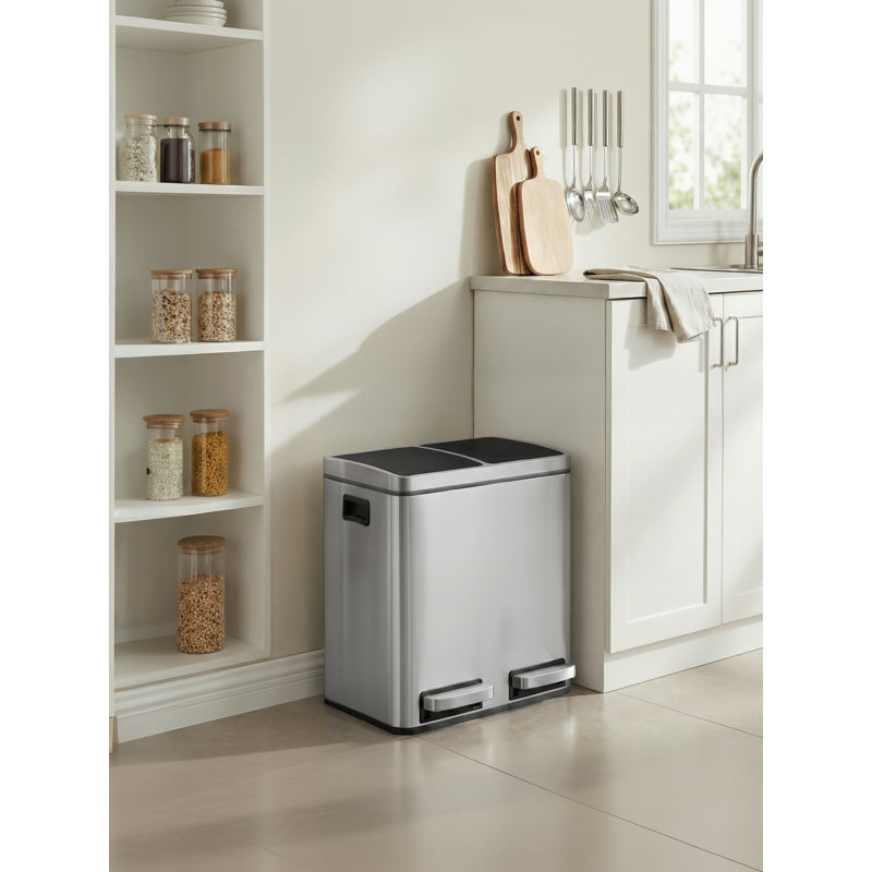 Dual Rubbish Bin 2-Compartment Stainless Steel Recycling Bin with Pedals and Soft Closure Lids 30L (2 x 15L) Silver