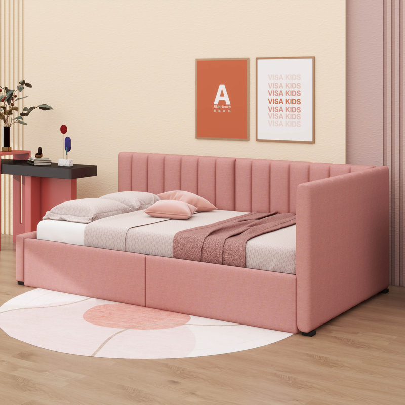 A Twin-Size Upholstered Daybed With Two Storage Drawers, Pink