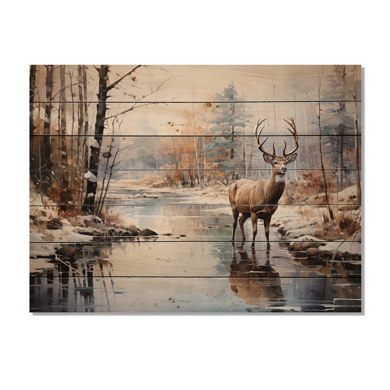 Cerf d'hiver sérénité sur bois, H 24 po x l 32 po x P 0,78 po