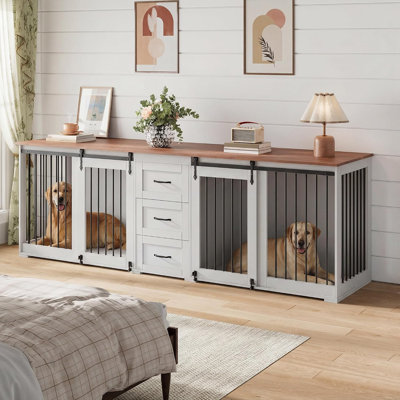 Meuble télé 95 po pour 2 chiens, chenil en bois de ferme avec 3 tiroirs de rangement, meuble télé robuste avec portes de grange coulissantes